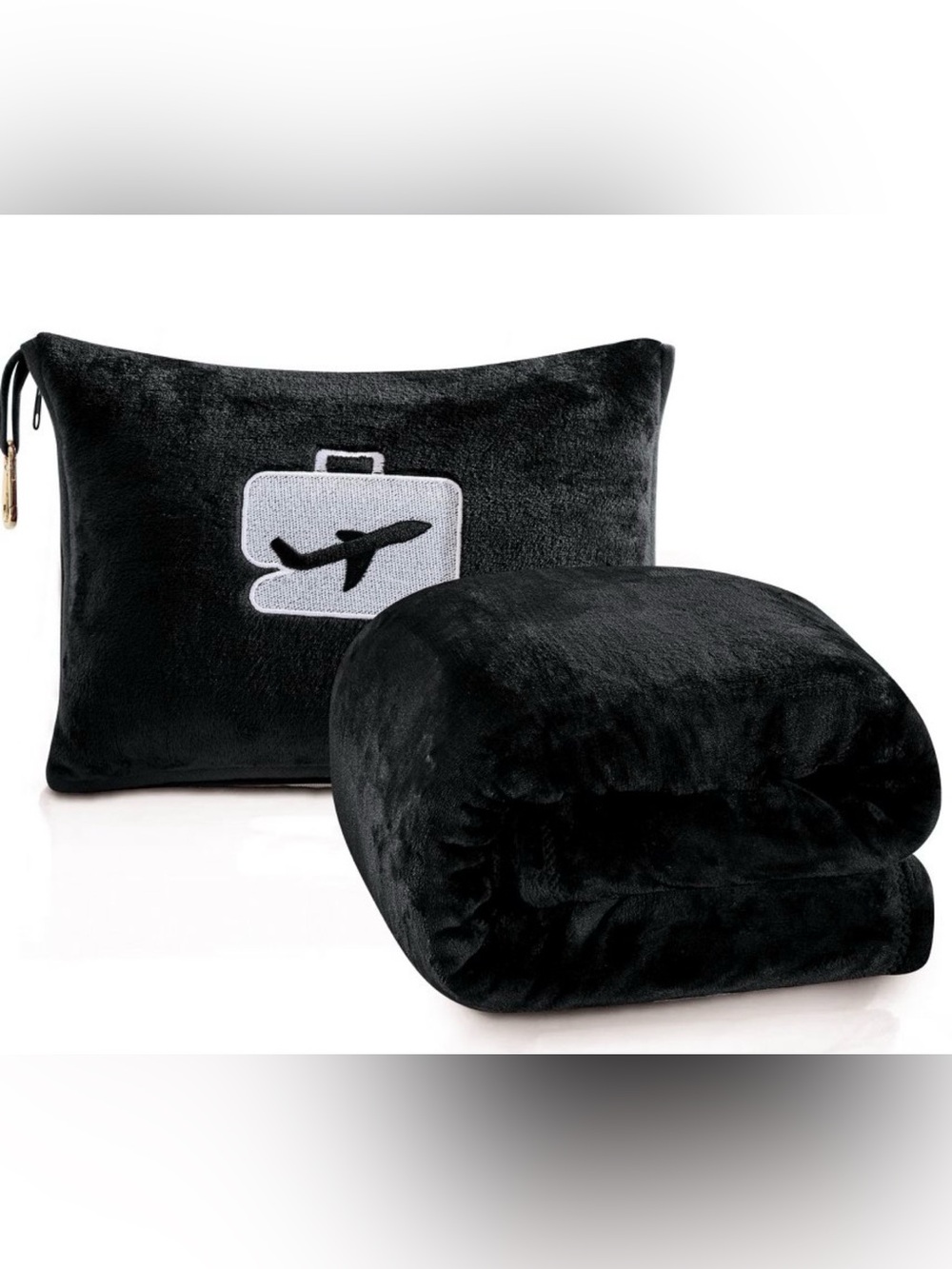 Black Plush 2 in 1 Travel Blanket Pillow Set Airplane Suitcase Patch Carabiner